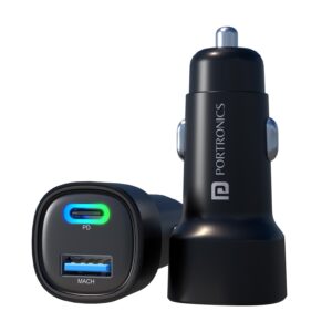 Portronics 80W Dual Port Fast Car Charger with Type-C PD & USB (Black)