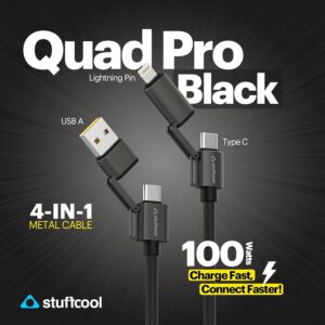 Stuffcool Quad Pro 4-in-1 100W Fast Charging Cable 1.5M Metal Braided (Black)